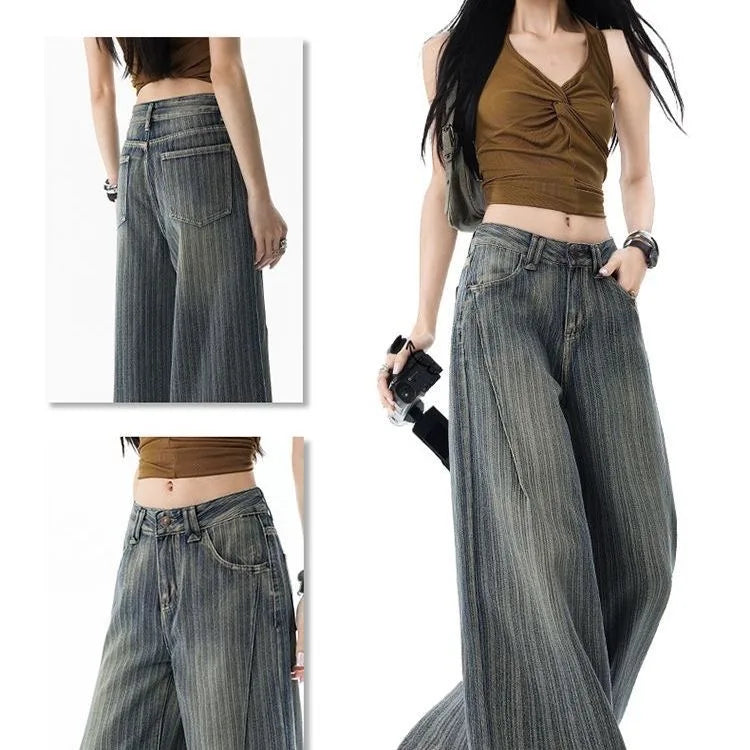 Women's Striped Washed Loose Fit Denim Jeans For Everyday Outfits