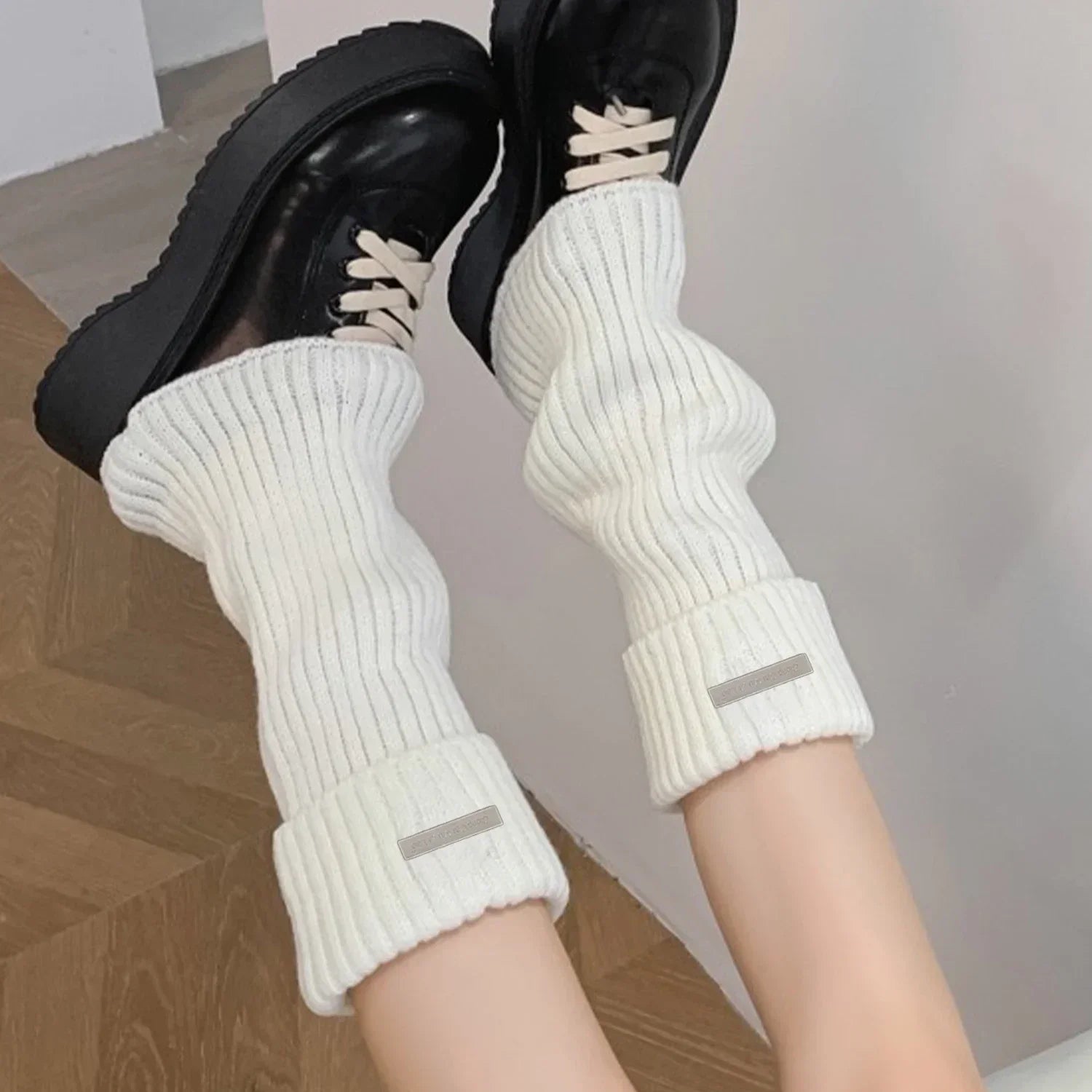 Solid Ribbed Leg Warmers with Small Metal Label Details