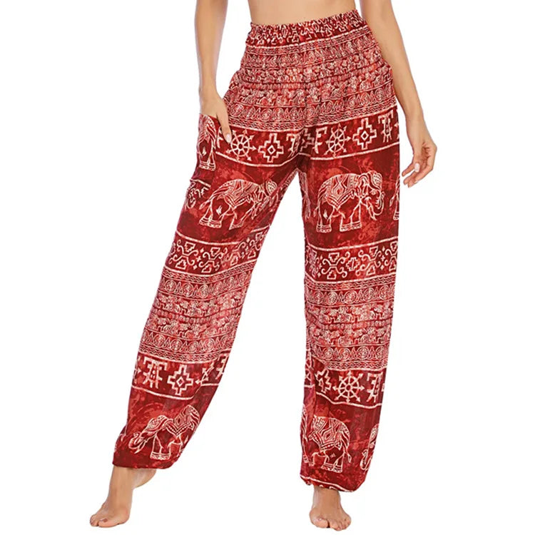 Women's Printed Nylon Harem Pants with Smocked Waist and Convertible Styling