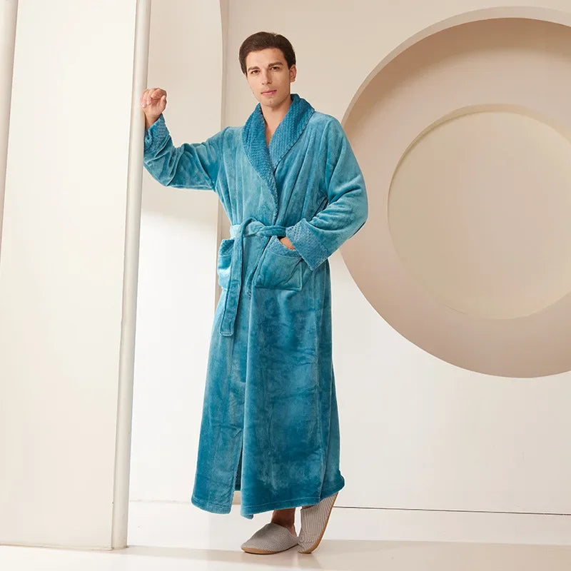 Long Flannel Fleece Tie Waist Bathrobe with Pockets