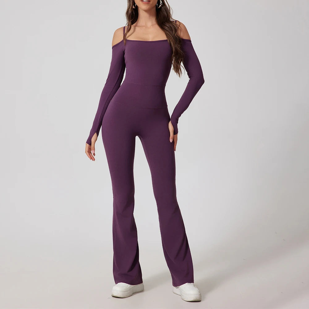 Women's Cold Shoulder Nylon Blend Workout Jumpsuit with Long Sleeves and Flared Legs