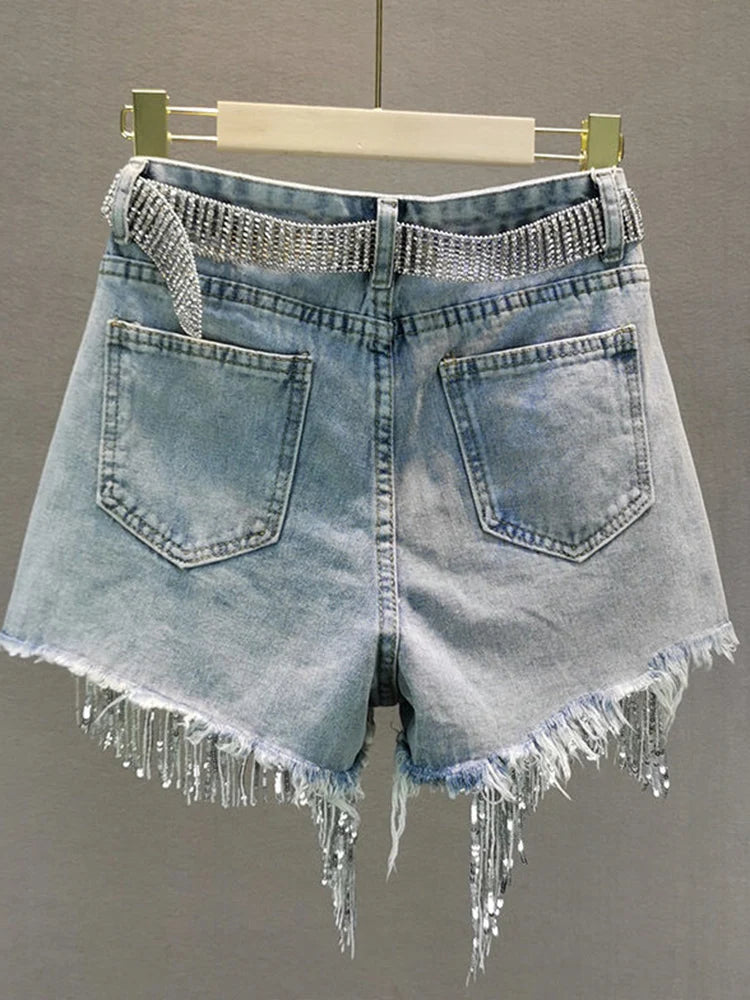 Women's Beaded Fringe Denim Casual Denim Shorts For Everyday Outfits
