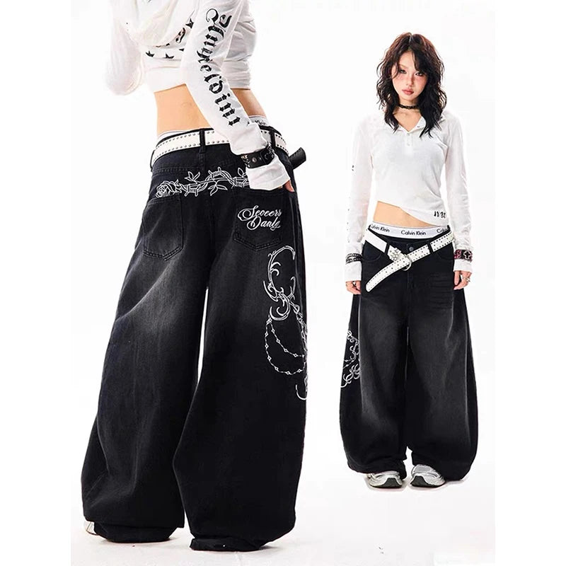 Women's Black Graphic Wide Leg Denim Jeans For Everyday Outfits