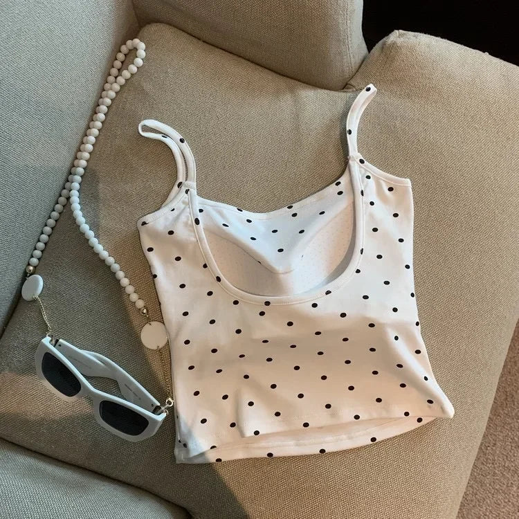 Women's Polka Dot Cotton Camisole with Thin Straps and Cropped Shape