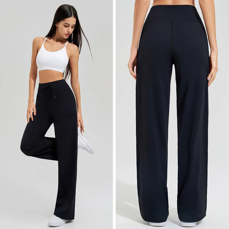 Women's Drawstring Waist Nylon Blend Wide Leg Pants for Yoga Practice
