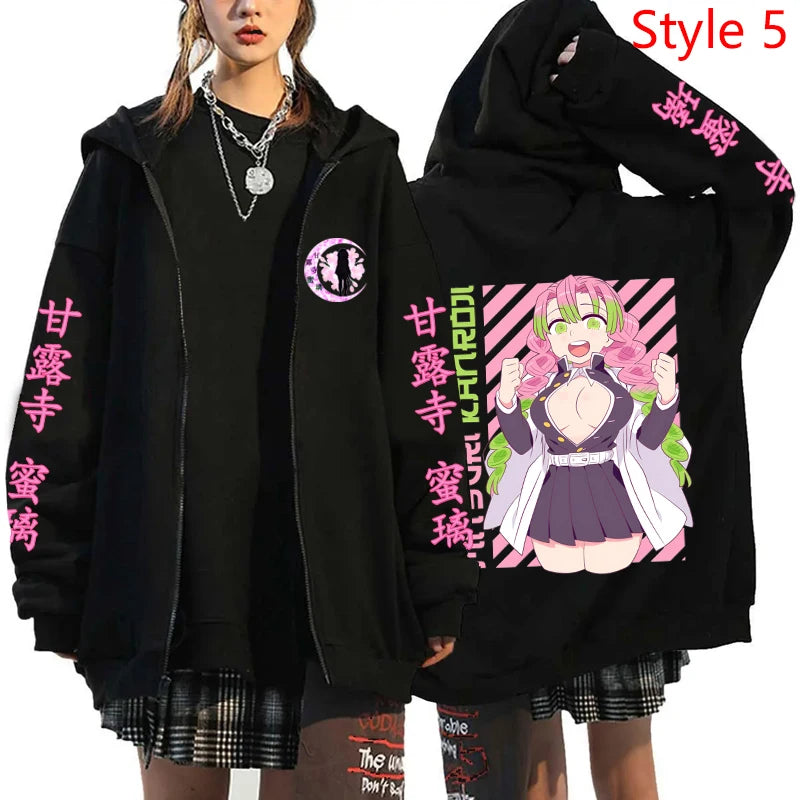 Anime Kanroji Mitsuri Print Hoodie Cartoon Zipper Pullover Long Sleeve Harajuku Sweatshirt