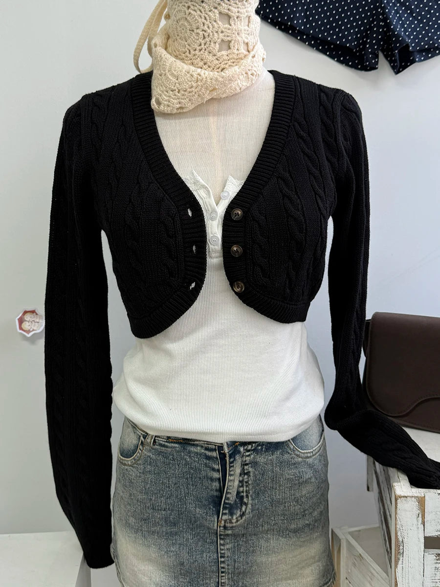 Women's Cropped V Neck Button Front Cardigan Casual Knit Layer