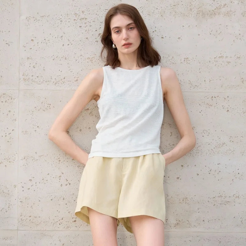 Women's Linen Sleeveless Round-Neck Tank Top for Casual Summer Daily Wear Outfits