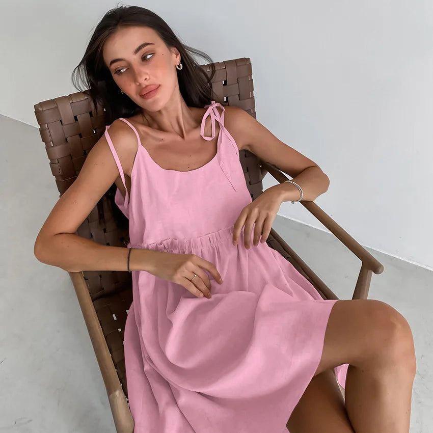 Women's Cotton-Linen Sleeveless Mini Dress with Tie Straps for Casual Summer Outfits