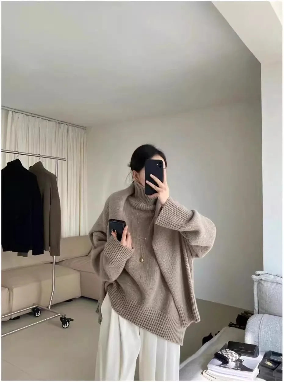 100% pure cashmere sweater for women high-neck sweater loose and thickened silhouette sweater
