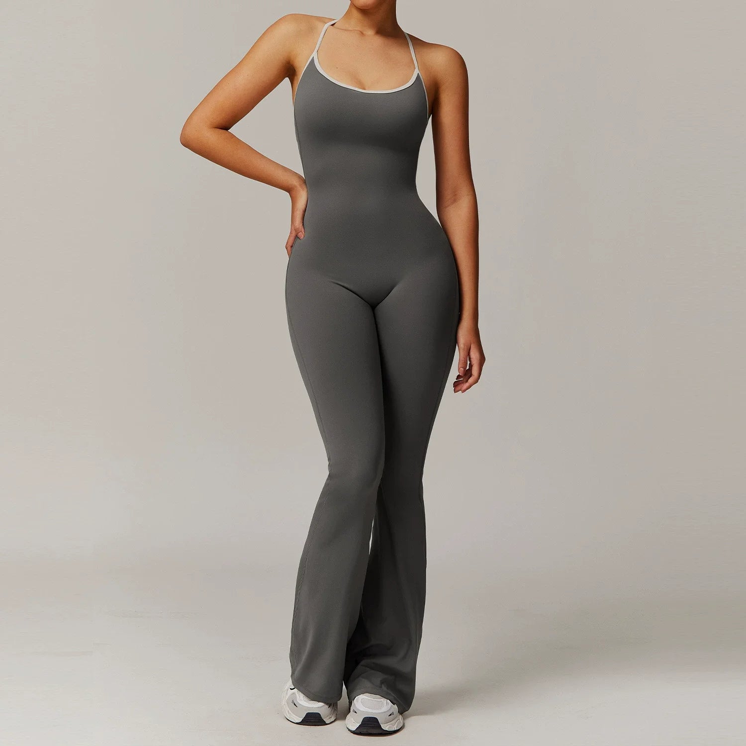 Women's Cross Back Polyester Blend Flared Workout Jumpsuit with Contrast Straps