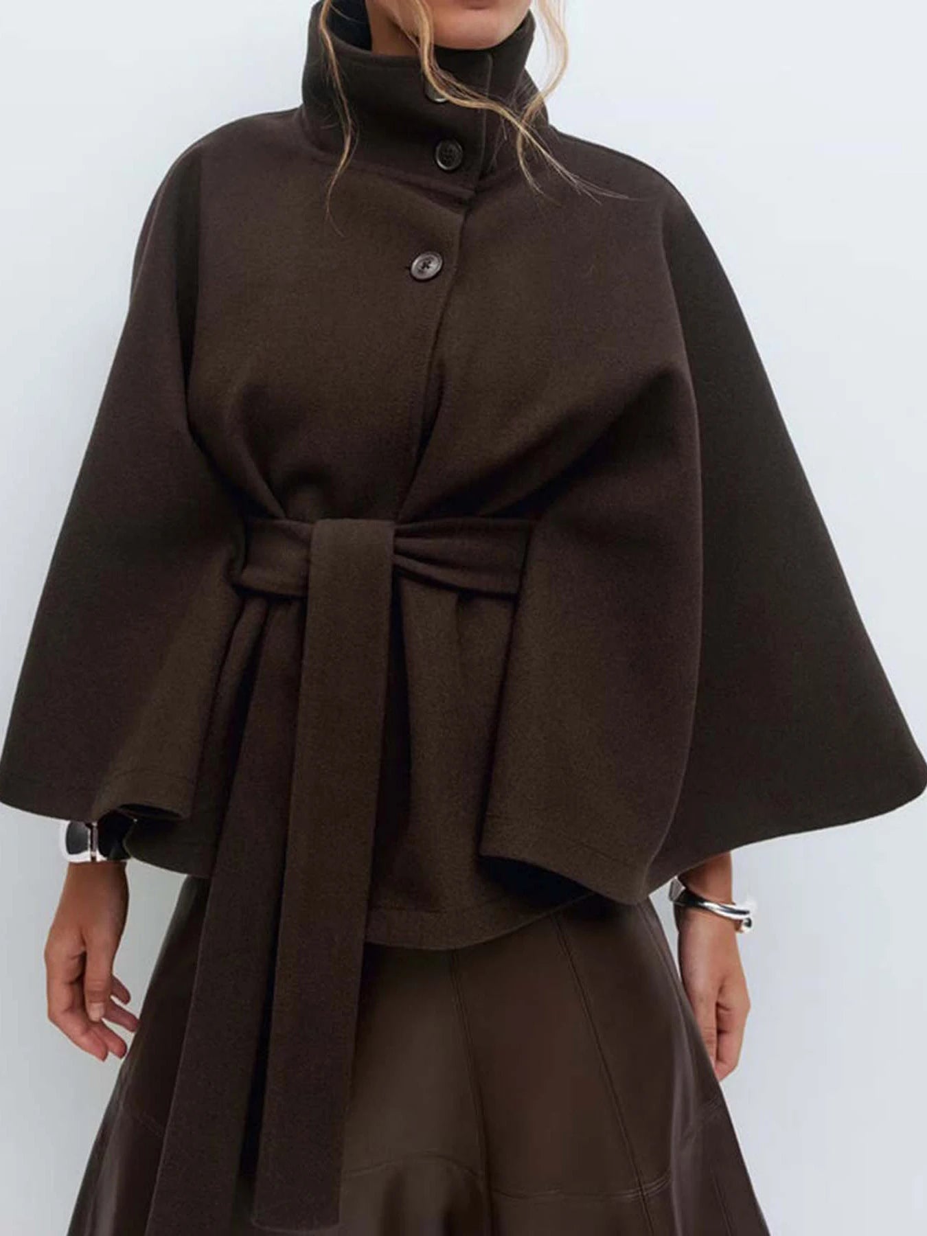 Belted Stand Collar Cape for Layering over Outfits