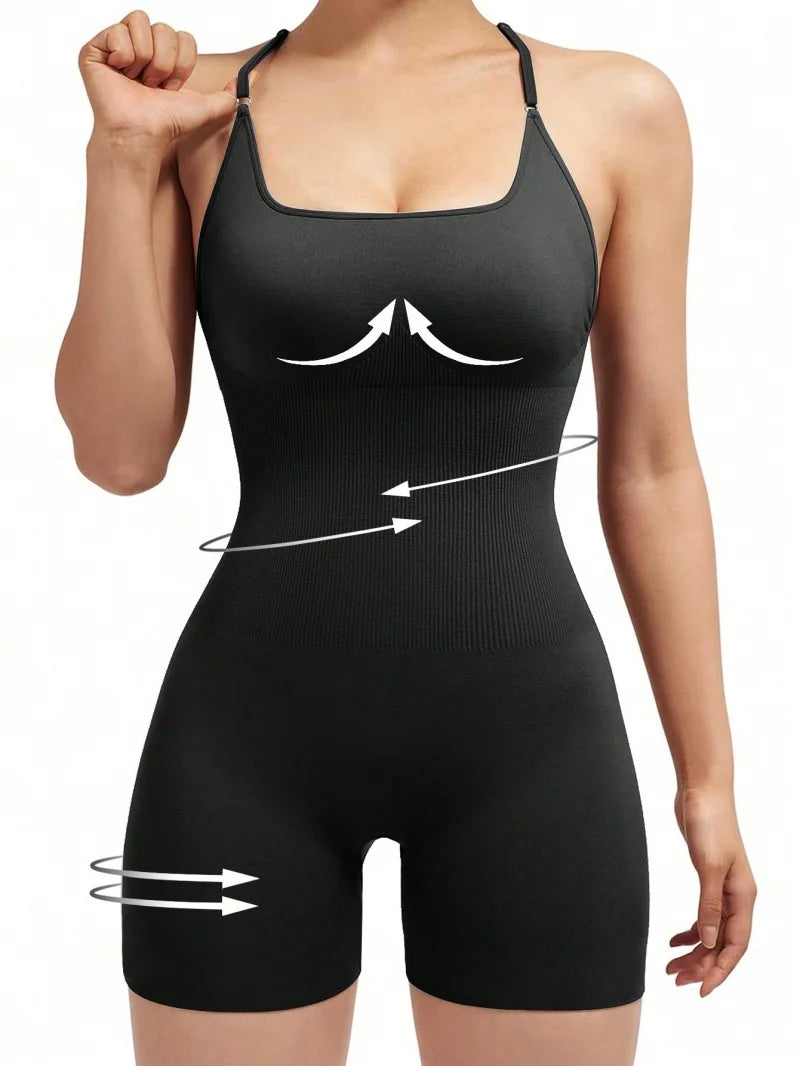 Women's Strappy Open Back Nylon Blend Romper for Yoga and Workouts