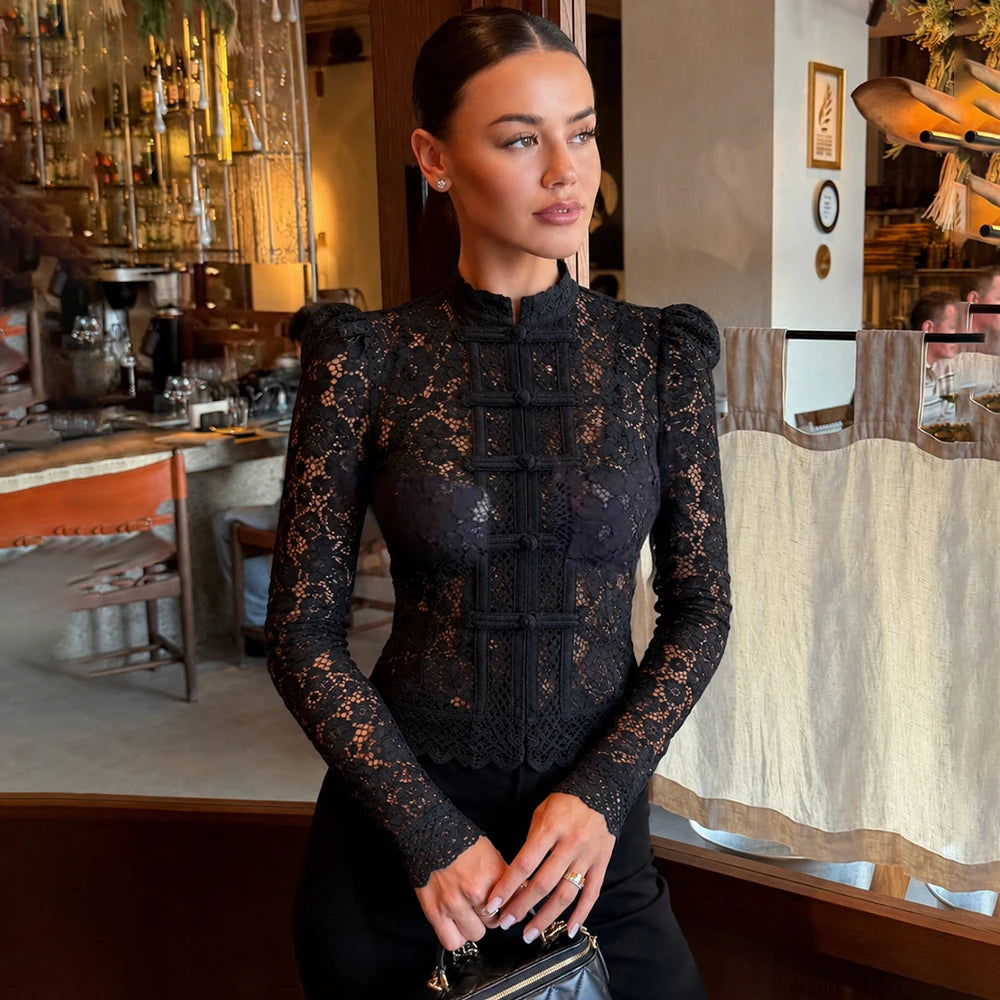 Women's Lace Stand Collar Long Sleeve Button Front Blouse