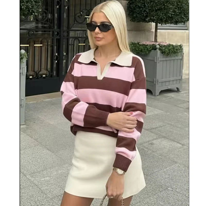 Women's Striped Polo Collar Loose Fit Sweater Casual Knit Layer