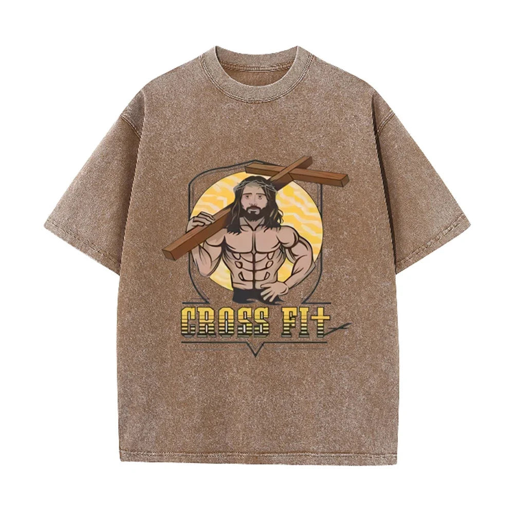 Oversized Washed Cotton Graphic T-Shirt with Short Sleeves