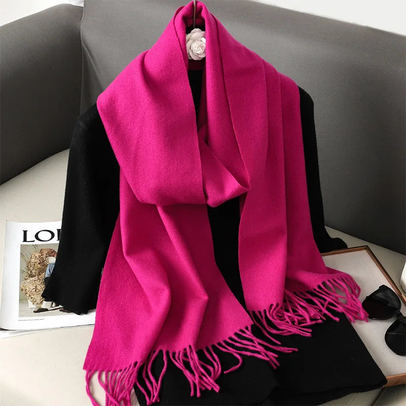 Solid Long Rectangular Scarf with Decorative Fringe Trim