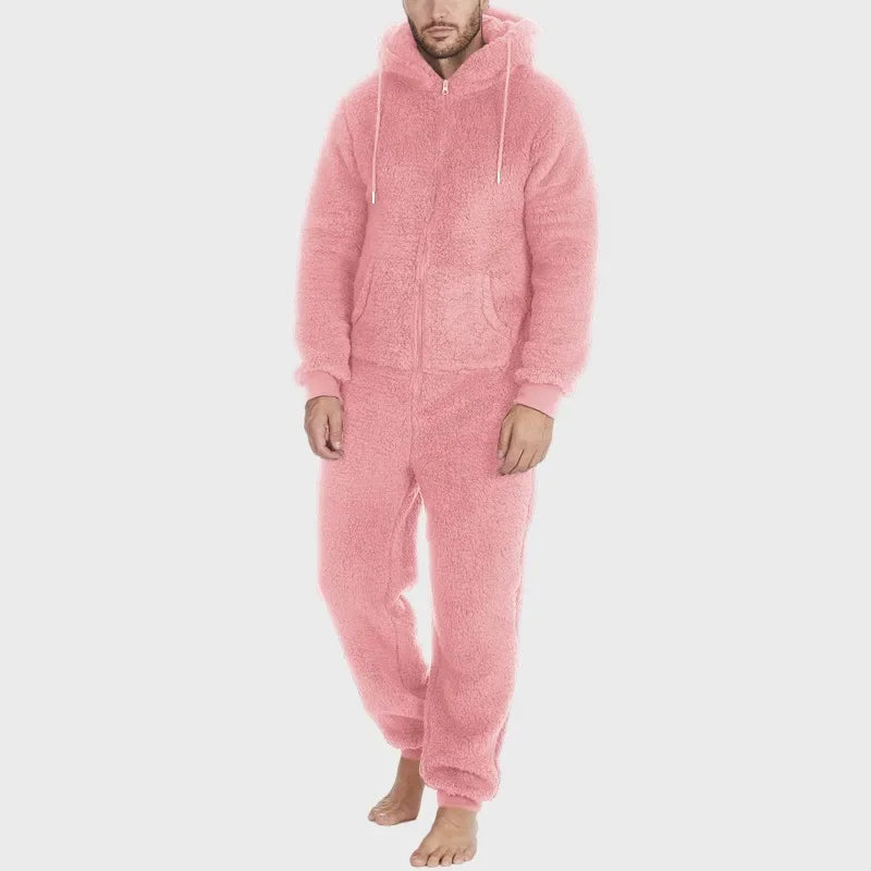 Men's Hooded Zip Front Long Sleeve Plush Pajama Jumpsuit