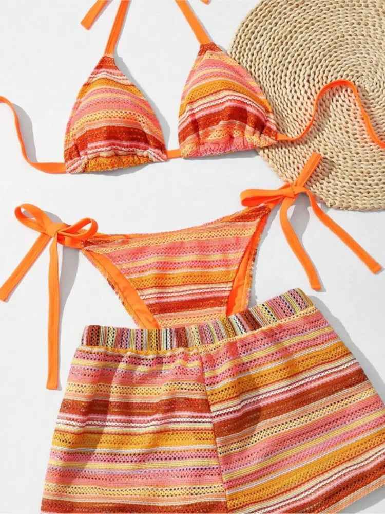 Women's Striped Triangle Bikini with Matching Swim Shorts