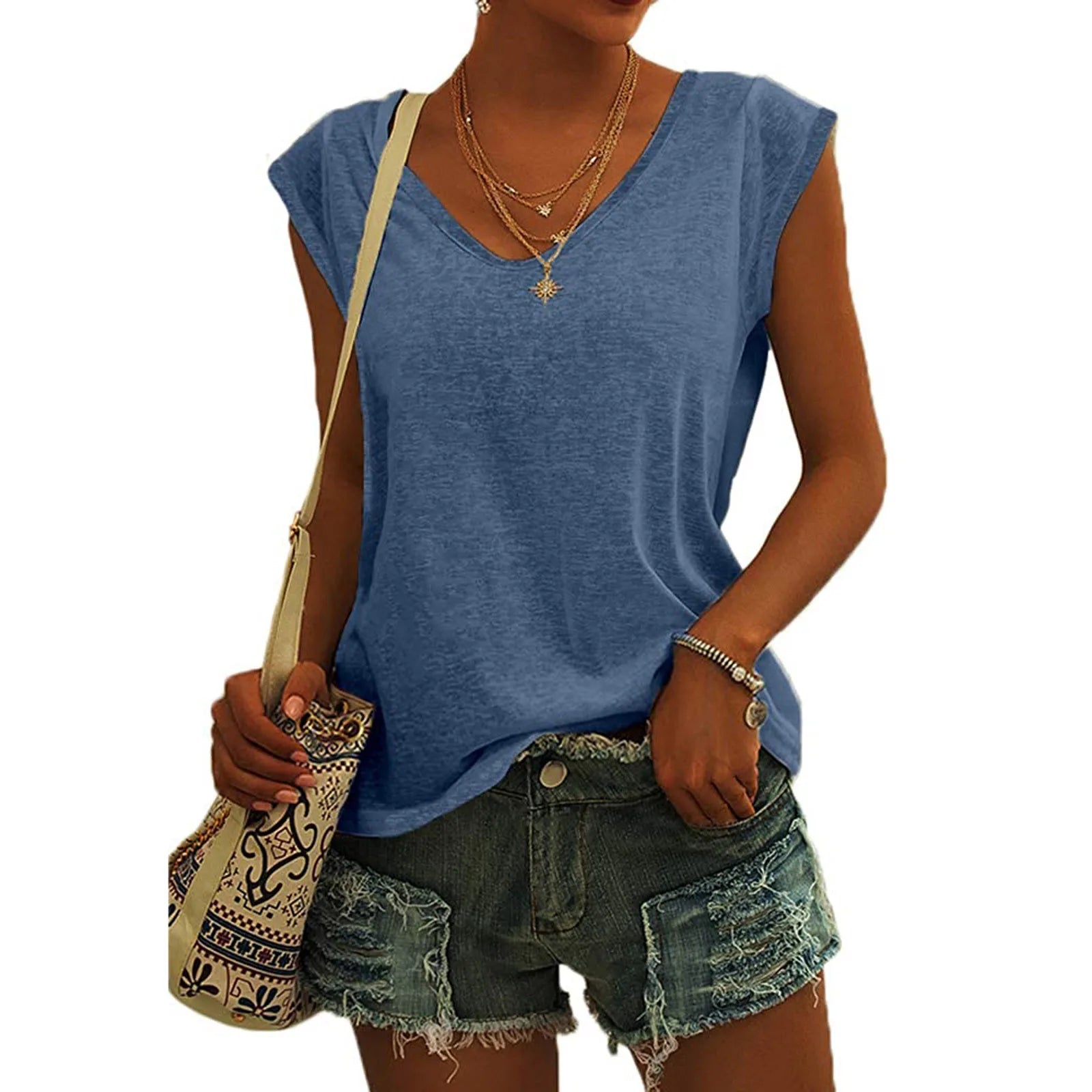 Women's V Neck Polyester Tank Top with Relaxed Sleeveless Cut