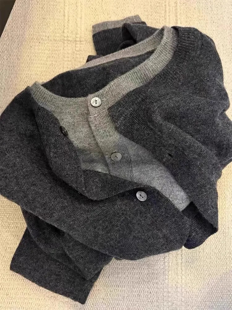Fake two 100% pure cashmere sweater cardigan dark grey high-grade wool knit coat top