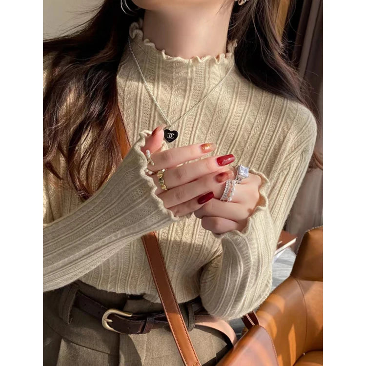 Women's Lettuce Trim Mock Neck Ribbed Sweater Casual Knit Layer