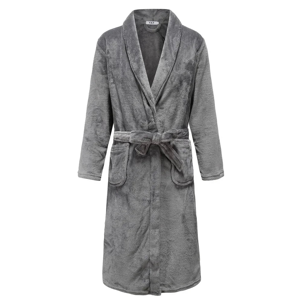 Men's Flannel Fleece Lapel Collar Tie Waist Bathrobe