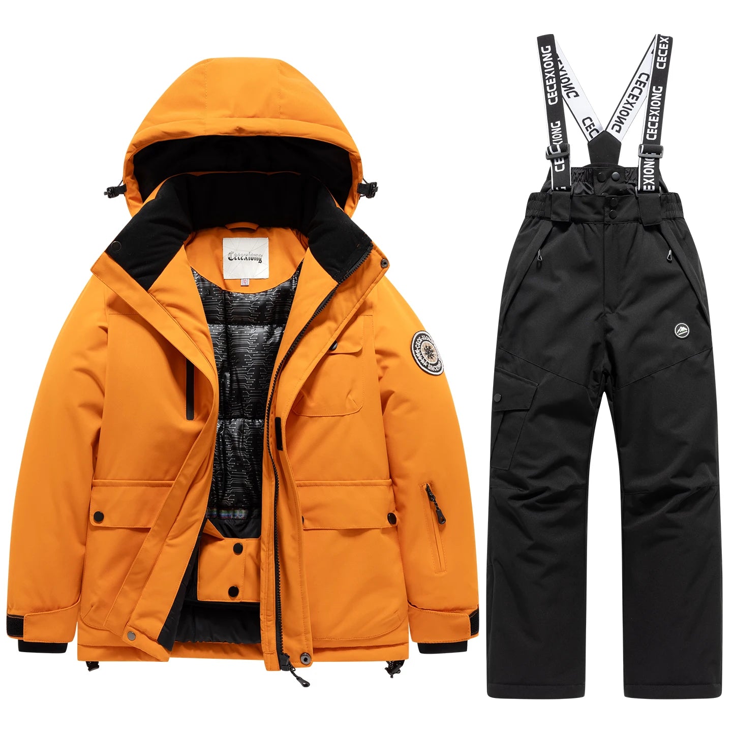 Children's Hooded Ski Jacket and Pants Clothing Set with Style Options