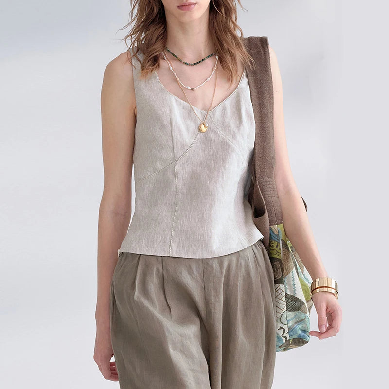 Women's Linen Sleeveless V-Neck Cropped Tank Top with Zipper Detail for Summer
