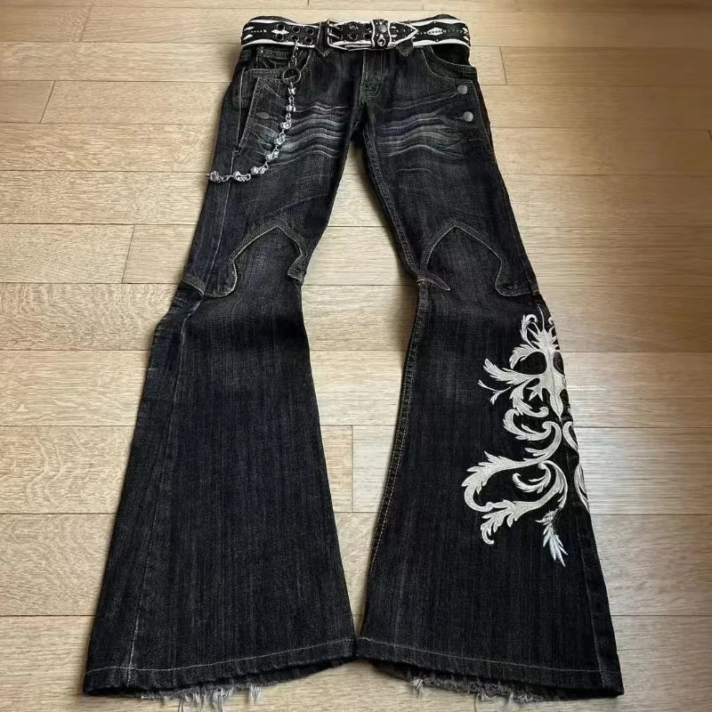 Women's Lace Double Waist Distressed Flared Denim Jeans