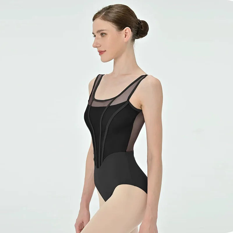 Women's Sleeveless Ballet Leotard with Mesh Panels and Retro Bodice Seams
