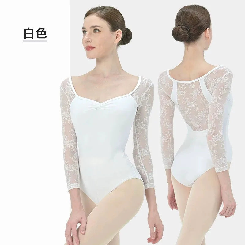 Women's Lace Sleeve Ballet Leotard with V Neckline and Back Opening