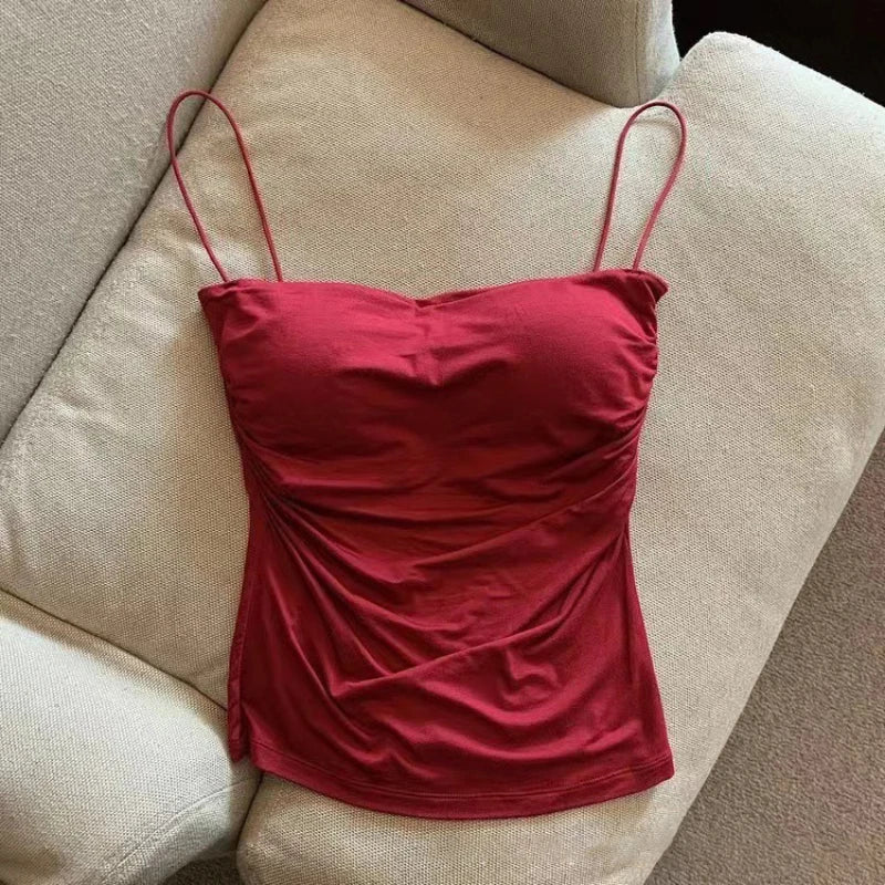 Women's Solid Polyester Blend Camisole with Thin Straps and a Pleated Front