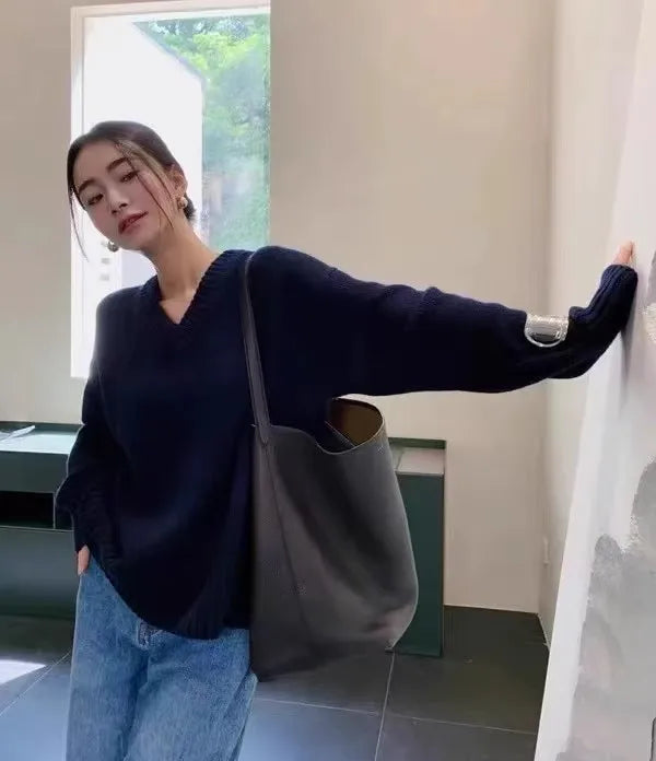 V-neck 100 pure wool sweater for women in autumn and winter, loose and thick sweater, long-sleeved knitted top