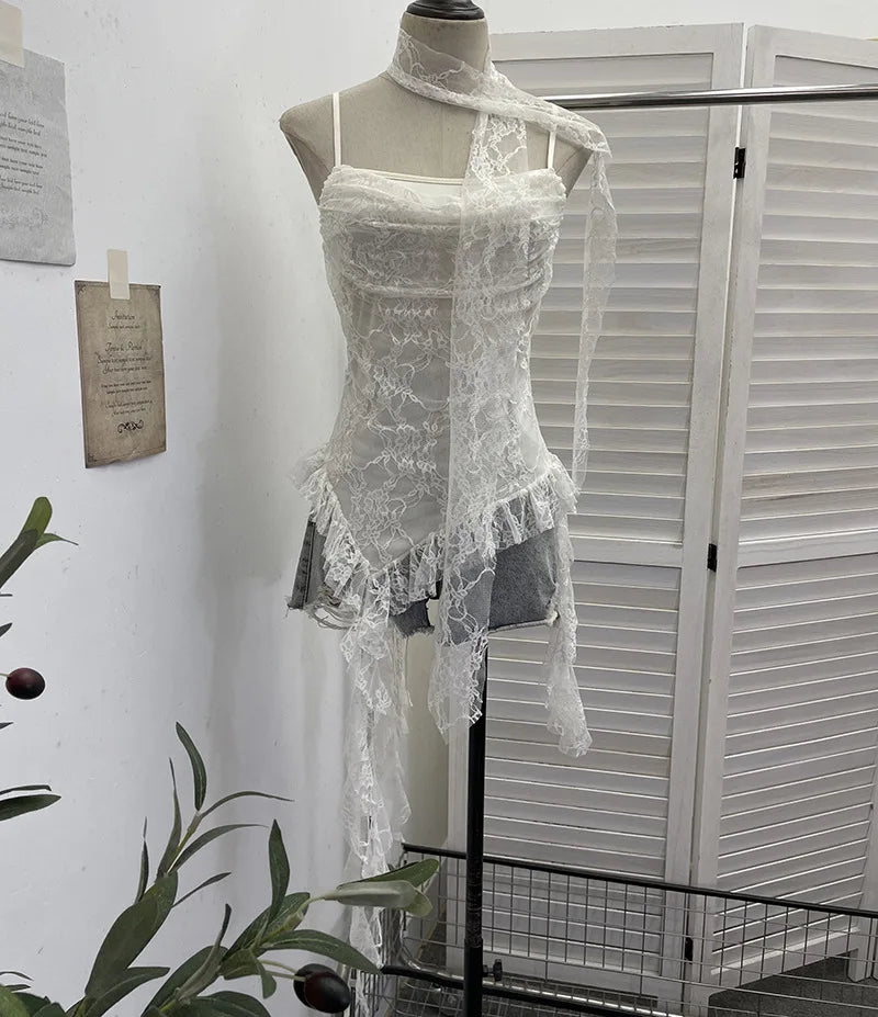 Women's Ruffled Polyester Camisole with Lace Trim and Asymmetric Style Options