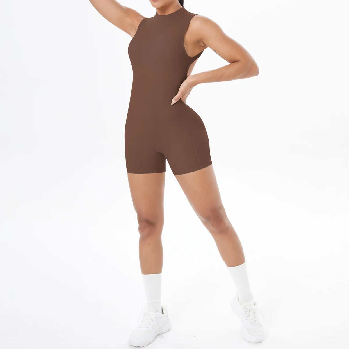 Women's High Neck Nylon Blend Workout Romper with Open Back and Short Legs