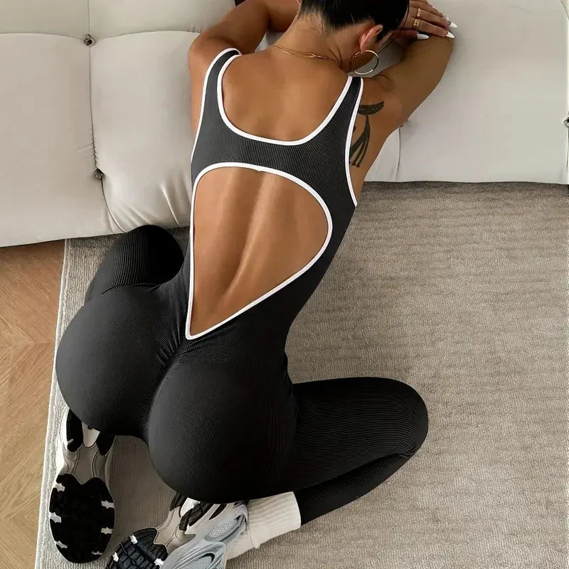 Women's Racerback Nylon Blend Workout Jumpsuit with White Trim and Back Cutout
