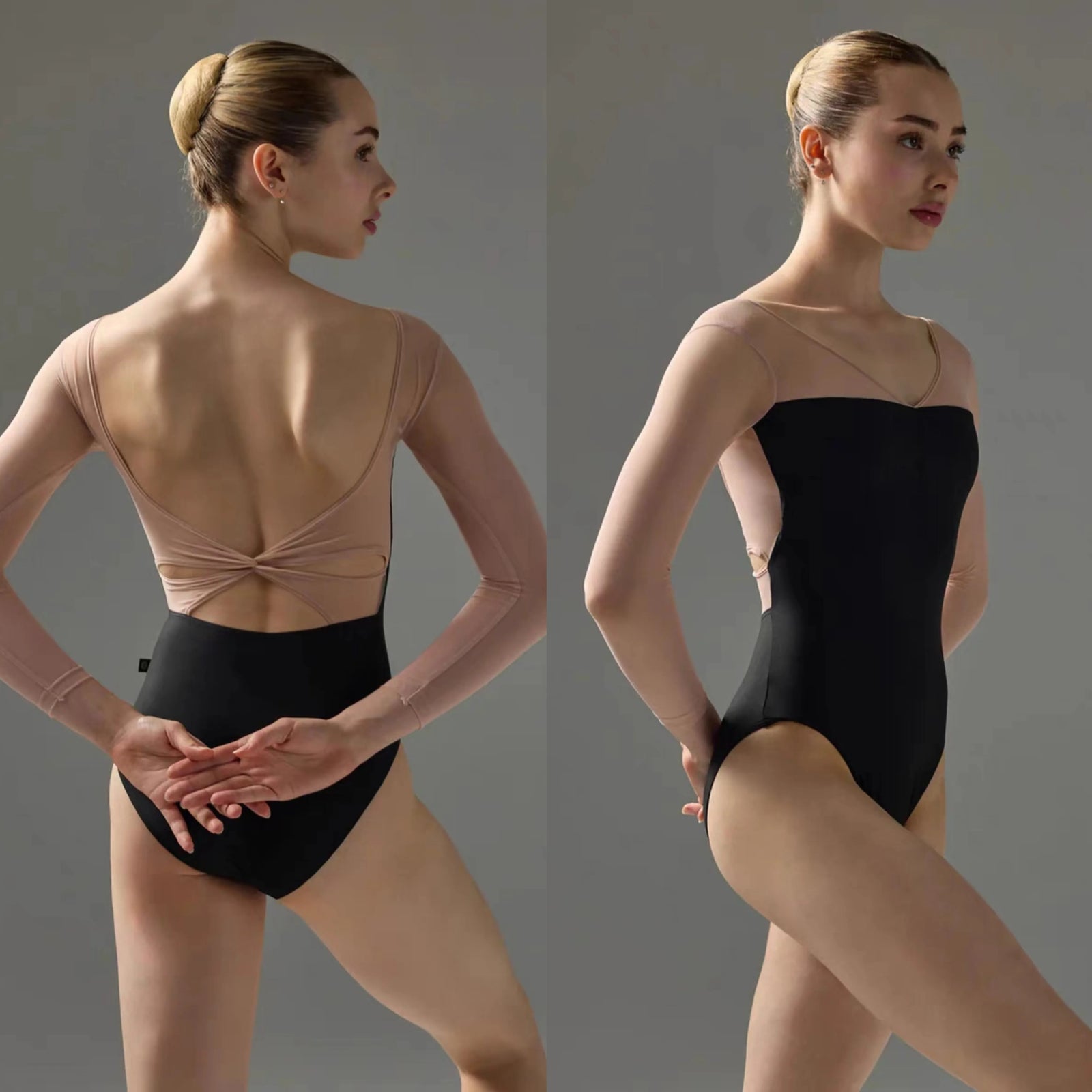 Women's Long Sleeve Ballet Leotard with Mesh Panels and Cutout Back