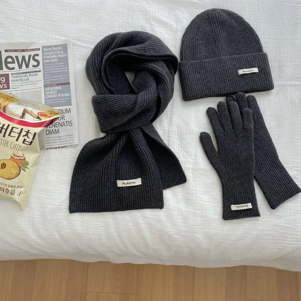 Women's Solid Knitted Hat Scarf and Gloves Set for Winter Wear