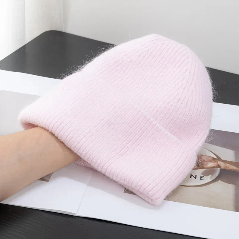 Solid Ribbed Knit Beanie with Folded Cuff Styling