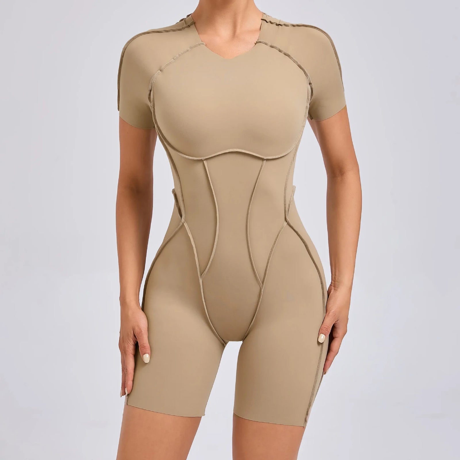 Women's Panelled Short Sleeve Workout Romper with a Rounded Back Cutout