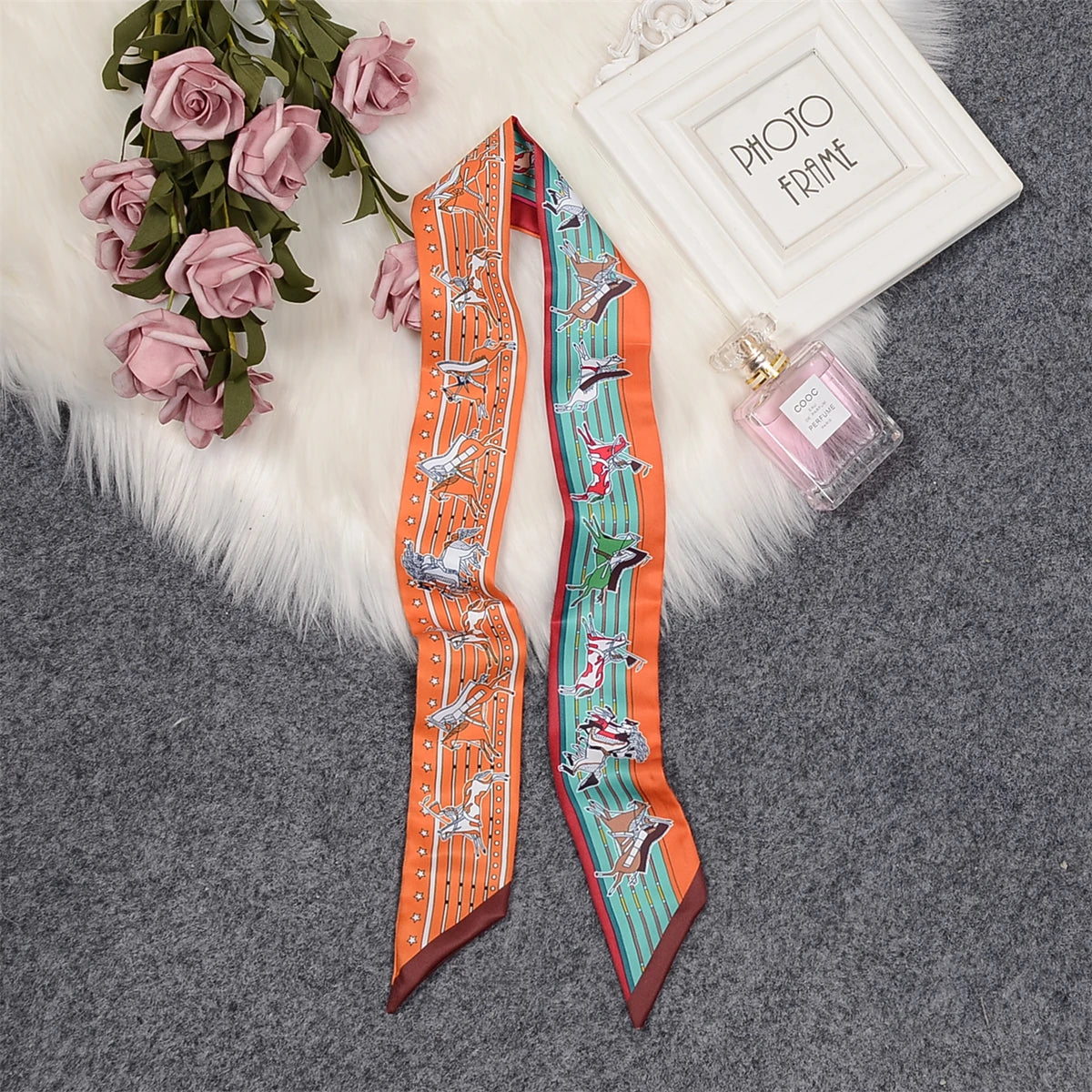 Horse Motif Skinny Ribbon Scarf with Printed Designs