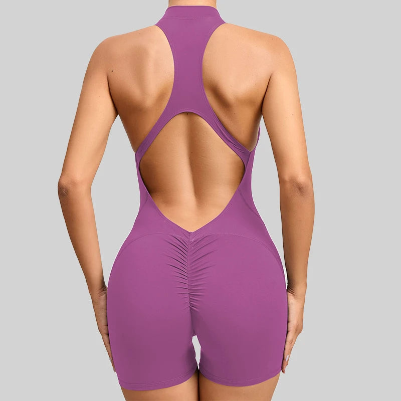 Women's Halter Neck Nylon Blend Workout Romper with Front Zipper and Racerback