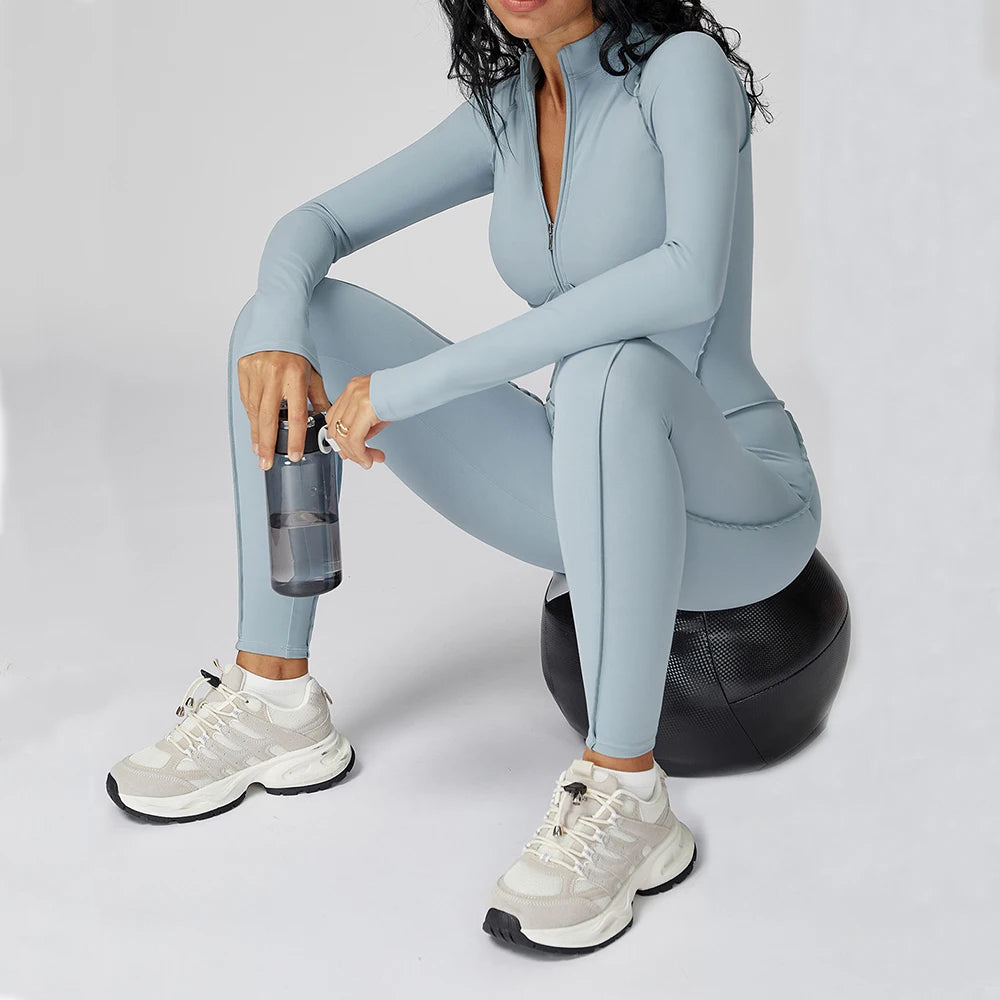 Women's Long Sleeve Nylon Blend Zip Front Workout Jumpsuit with Contour Seams