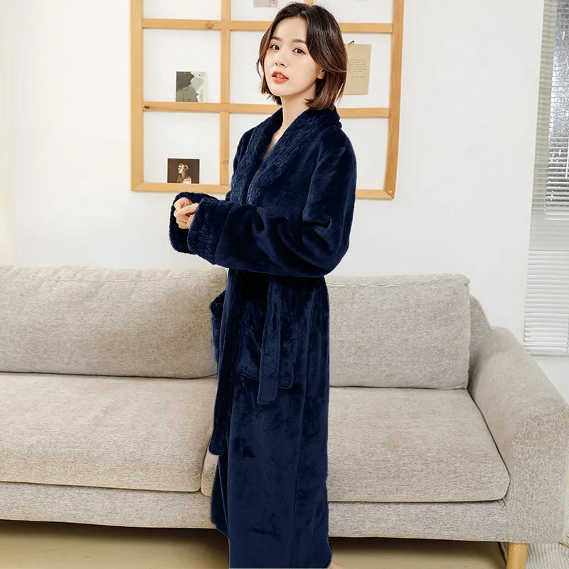 Fleece Lapel Collar Long Sleeve Tie Waist Homewear Bathrobe