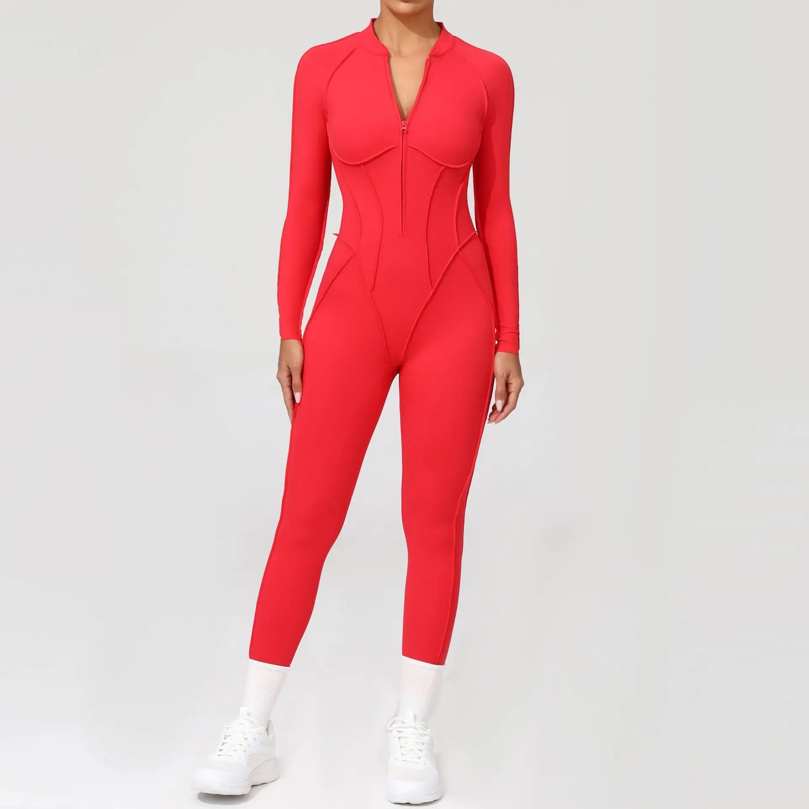 Women's Zip Front Contour Seam Workout One Piece in Long and Short Styles