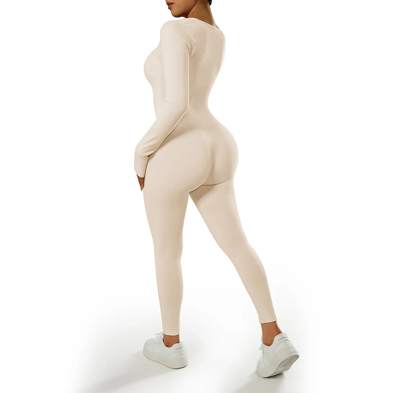 Women's Long Sleeve Ribbed Nylon Blend Workout Jumpsuit with Scoop Neck