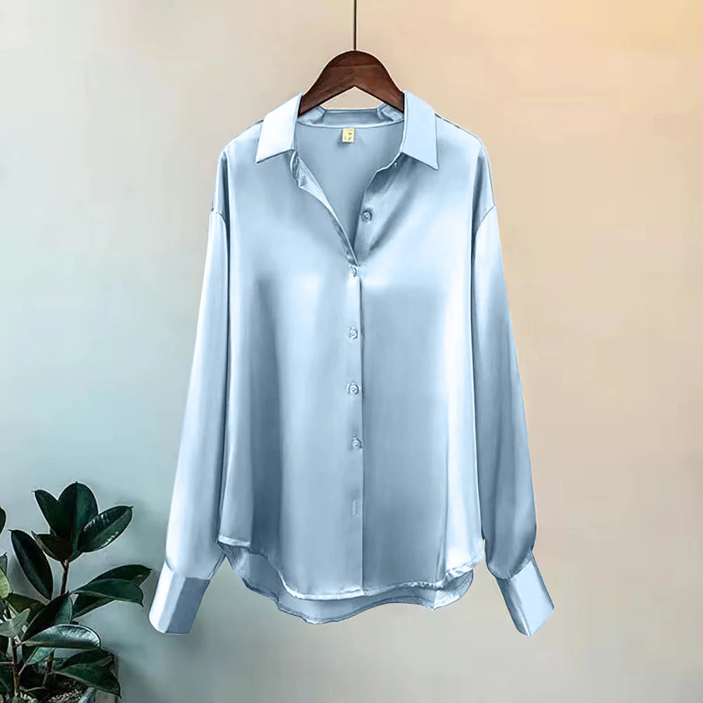 Women's Satin Look Long Sleeve Button Front Shirt