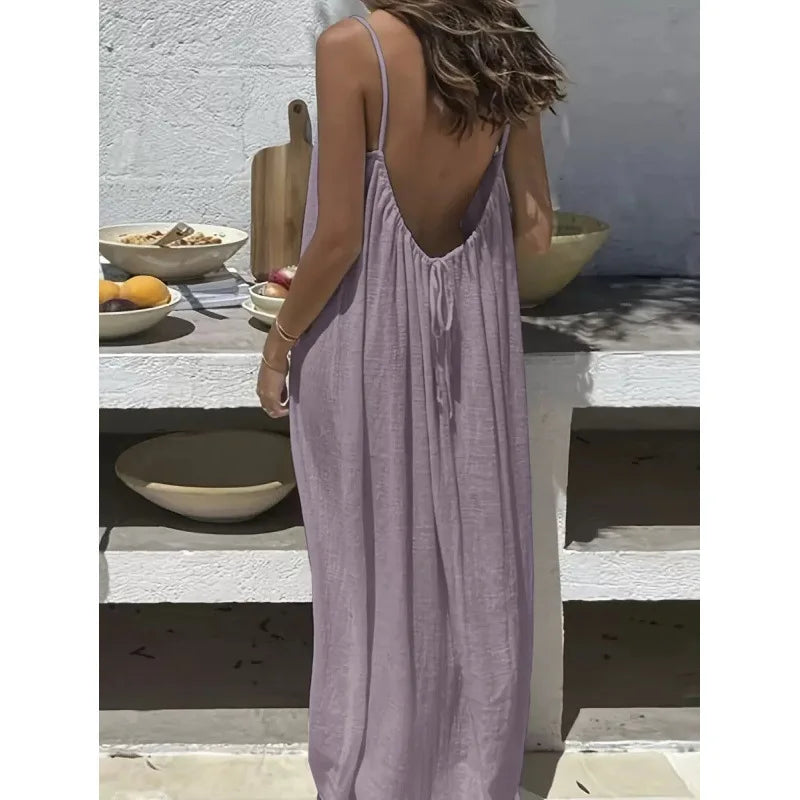 Women's Loose V Neck Spaghetti Strap Maxi Dress For Casual Outfits
