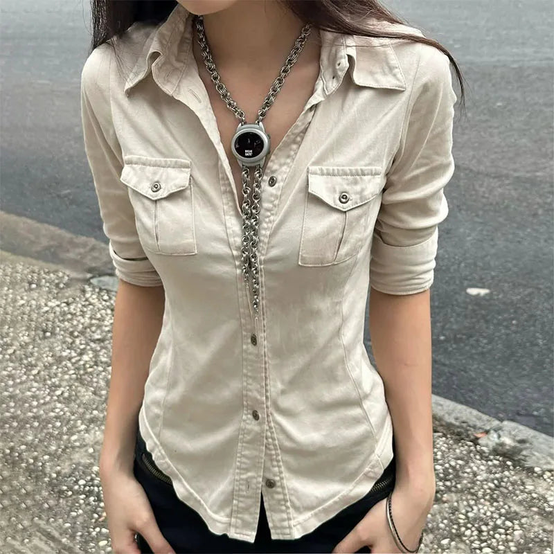 Women's Fitted Half Sleeve Double Pocket Shirt